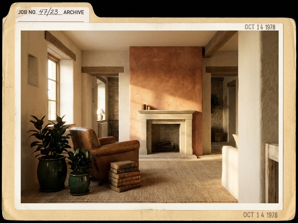Limewashed interior feature wall in a living room
